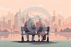 senior couple sit o a bench with city view