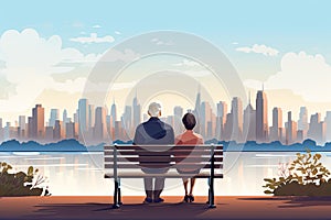 senior couple sit o a bench with city view AI generated