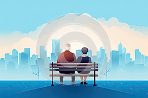 senior couple sit o a bench with city view AI generated