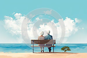 senior couple sit o a bench peaceful on sea view AI generated