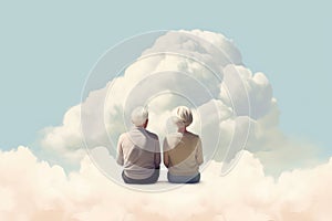 senior couple sit together in clouds AI generated