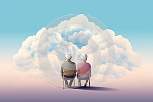 senior couple sit together in clouds AI generated