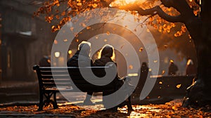 Senior couple sitting on bench in autumn park and looking sunset