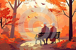 senior couple sitting on bench in park in autumn