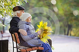 Senior couple sitting on bench in park