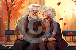 senior couple sitting on bench in park in autumn AI generated