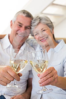 Senior couple sitting on couch having white wine