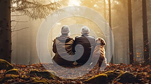 Senior couple sitting with dog in autumn forest, back view