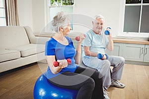 Senior couple sitting on fitness balls with dumbbells