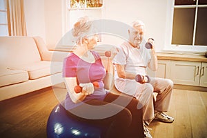 Senior couple sitting on fitness balls with dumbbells