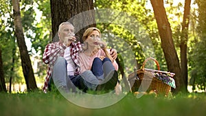 Senior couple sitting on grass and drinking wine, romantic date, anniversary