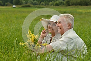 Senior couple sitting on green grass