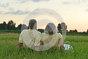 Senior couple sitting on green grass