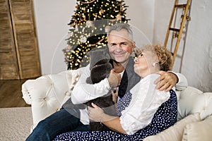 Senior couple sitting in the living room together during Christmas