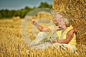 Senior couple sitting near stack of hay