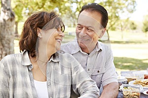 Senior couple sitting at picnic table during hike, portrait