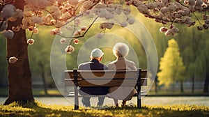 Senior couple sitting together in autumn forest, back view