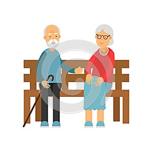 Senior couple sitting on the wooden bench, pensioner people leisure and activity vector Illustration