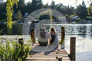 Senior couple sitting on a wooden jetty by the lake at sunset