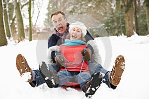 Senior Couple Sledging Through Snowy Woodland