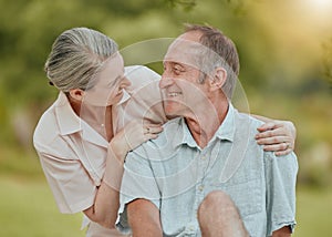 Senior, couple and smile of retirement, love and care in nature together feeling happy. Elderly marriage of a wife and