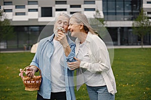 Senior couple standing on a grass in summer with straw basket and blow dandelion