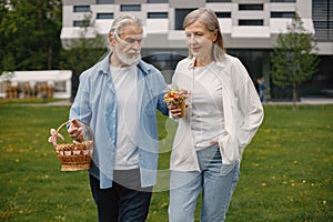 Senior couple standing on a grass in summer with straw basket and flowers