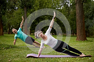 Senior couple standing on side plank exercising for wellbeing outdoors