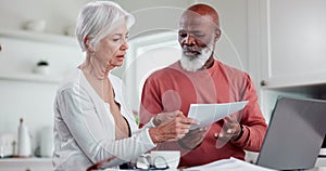 Senior, couple and stress for finance with paperwork or discussion for life insurance, mortgage loan or retirement