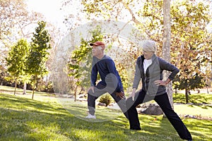 Senior Couple Stretching Whilst Exercising Together In Park