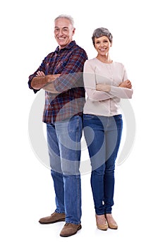 Senior, couple and studio portrait and confident, smile and retired people in elderly love relationship together