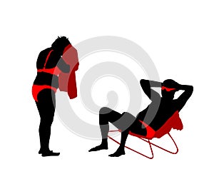 Senior couple sunbathing beach enjoy vector silhouette illustration. Mature woman dries with towel after swimming.