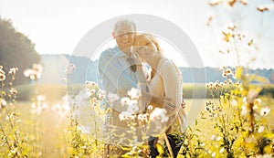 Senior couple on a sunlit meadow embracing each other