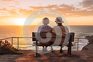 Senior couple sunset bench. Generate Ai