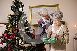 Senior couple swapping gifts by their christmas tree