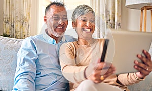 Senior couple, tablet and video call at home for communication, network connection or chat. Mature man and woman