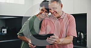 Senior couple, tablet and video call for social conversation, kitchen and lunch time. Grandparents, technology and