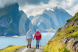 A senior couple taking a brisk walk in a scenic location.
