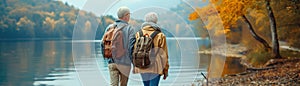 A senior couple taking a brisk walk in a scenic location.