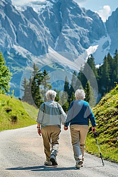 A senior couple taking a brisk walk in a scenic location.