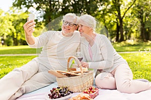Senior couple taking selfie at picnic in park