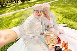 Senior couple taking selfie at picnic in park