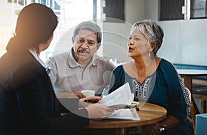 Senior couple, talking and lawyer with documents for financial advice, retirement plan and will at home. Old man