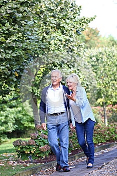 Senior couple talking a walk