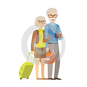 Senior couple tourists traveling with suitcases. Colorful cartoon character isolated on a white background