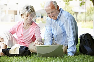 Senior couple using laptop outdoors