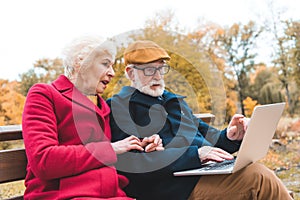 senior couple using laptop while sitting on bench