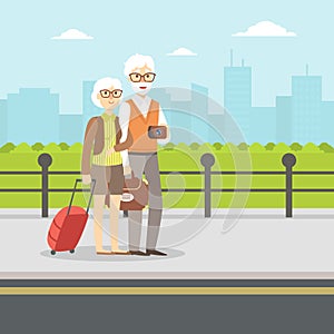 Senior Couple Waiting for Transport, Elderly Tourists Having Summer Vacation Vector Illustration