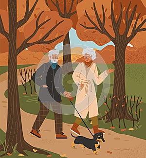 Senior couple walk in autumn park with dog. Old people active lifestyle concept vector poster. Romantic date of couple