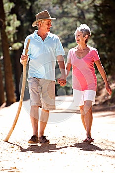 Senior couple walking along a country road